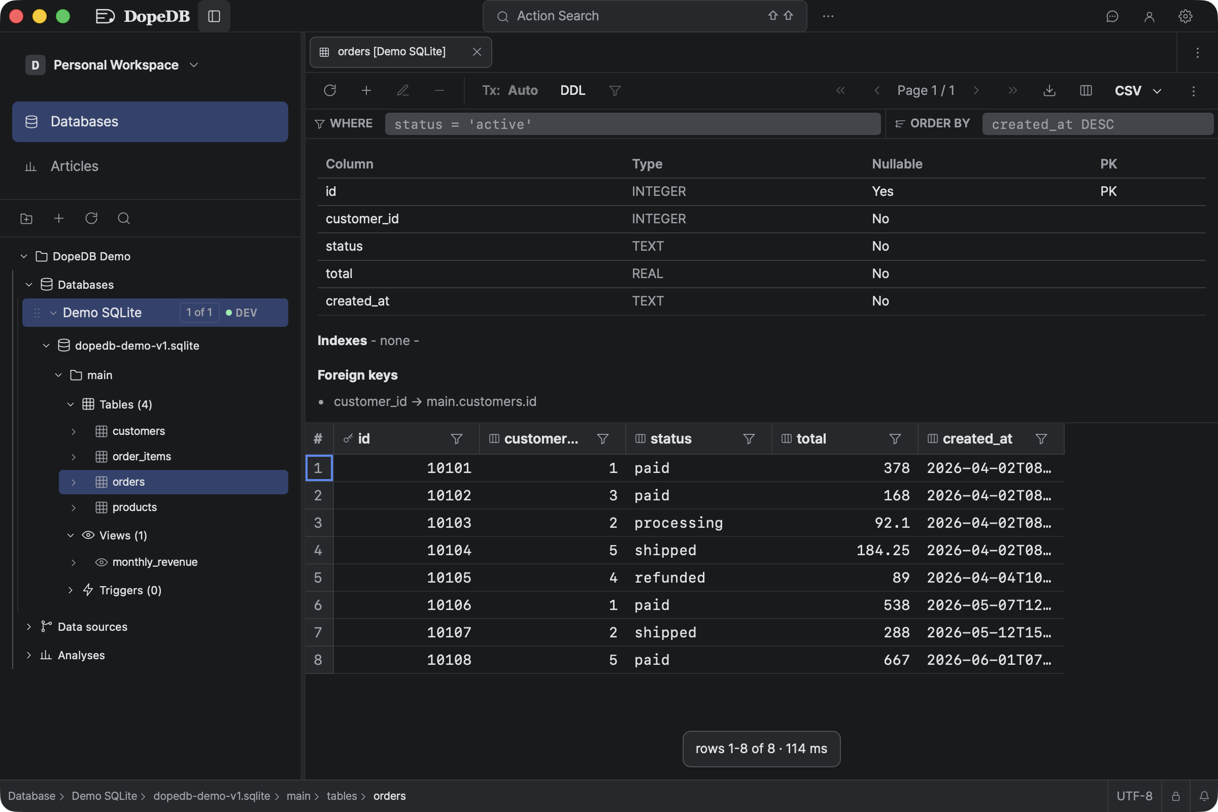 DopeDB 0.4.21 showing the Demo SQLite orders table, columns, and foreign key in Personal Workspace