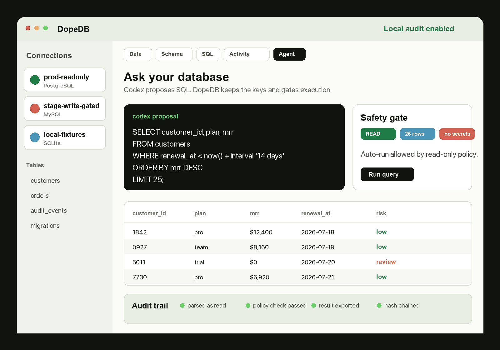 SQL 결과, 안전 게이트, 감사 타임라인을 보여주는 DopeDB 데스크톱 앱